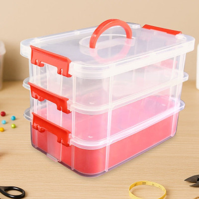 DeoDap 3-Layer Transparent Plastic Storage Box with Handle – Multi-Purpose Organizer Storage Carry Box with Handle Vanity Box(Clear)