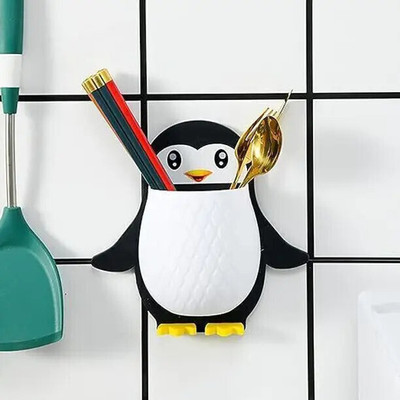 SJK Multipurpose Self-adhesive Penguin Design wall holder x1.430 Plastic Toothbrush Holder(Black, White, Wall Mount)