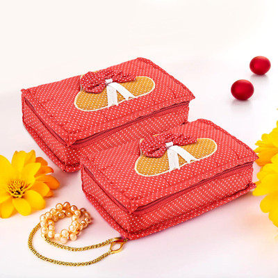 KUBER INDUSTRIES Pack of 2 Dots Print Cosmetic Organisers Storage Box With 7 Pockets | Red Jewellery Organizer Vanity Box(Red)