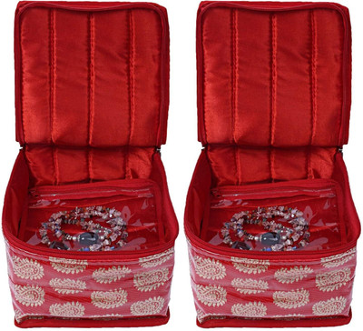Home Store India Portable Jewellery Box With Zipper Closure For Locker, Home And Travel Use Lightweight Jewellery Organizer Box With Multiple Pouches (Pack of 2) Vanity Box(Red)