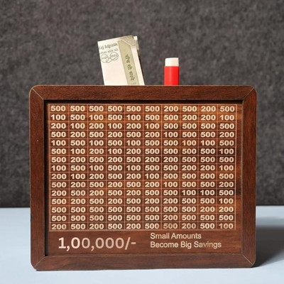 MAAUVTOR Wooden Piggy Bank Smart Money Savings Coin Box Gullak Donation Box with Numbers Money Box with Money Target and Numbers Vanity Box(Brown)