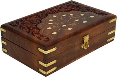 GURU JEE Wooden Jewellery Box Floral Carving With Brass Inlay Wood Jewelry Organizer Wooden Jewellery Box Vanity Box(Red)