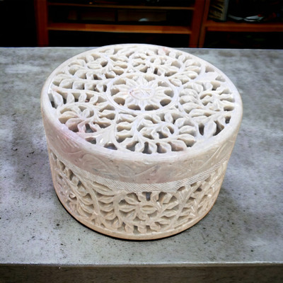 Pooja Creation Handicrafts Soapstone round Jwellery box For multi purpose use 3.5 in Vanity Box(Beige)