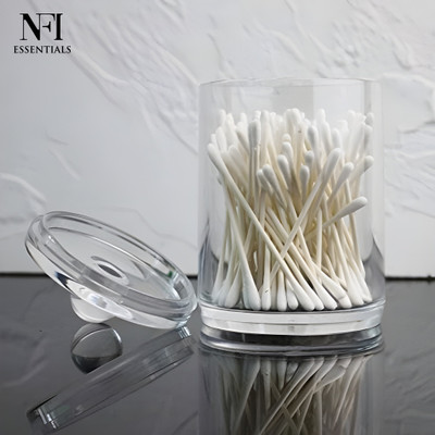 NFI essentials Clear Cotton Swab Holder Acrylic Q-tip Jar with Lid | Bathroom Vanity Organizer Makeup Storage Vanity Box(Transparent)