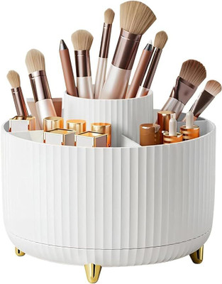 TINSUHG 360° Rotating Makeup Cosmetics Brush Holder Organizer 360° Rotating Plastic Organizer Vanity Box(White)