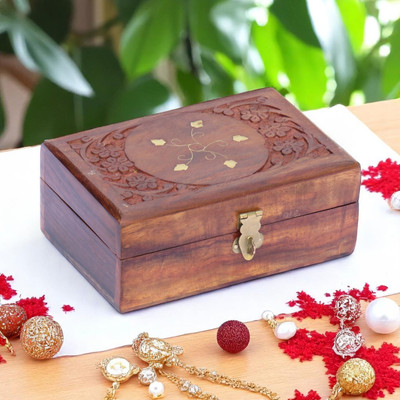 WOODINO Rustic Wooden Keepsake Box – 6x4 Sheesham with Brass Inlay Design makeup and jewellery Vanity Box(Brown)