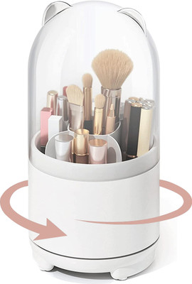 HANNEA Makeup Brush Holder Organizer with Lid 360° Rotatable 5-Grid Makeup Storage Case Brushes Organizer Vanity Box(White)