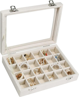 inovera Jewellery Case 24 Grid Stylish Ring Display Organiser Box with Clear Glass Lid Jewellery Vanity Box(Beige)
