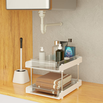 KUBER INDUSTRIES 2 Layer Clear Sliding Makeup Drawer Storage Organizer Box\Stand | White Storage Organizer Box Vanity Box(White)