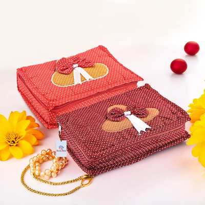 Heart Home Pack of 2 Dots Print 7 Pockets Cosmetic Organisers Storage Box | Maroon & Red Jewellery Organizer Vanity Box(Maroon & Red)