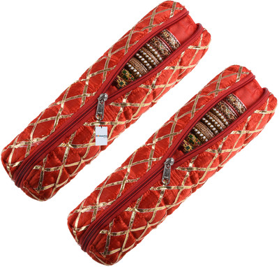 HOMESTIC Polyester Gota Check Design Single Rod Bangle Box For Travel|Pack of 2|Red Bangle Box Vanity Box(Red)