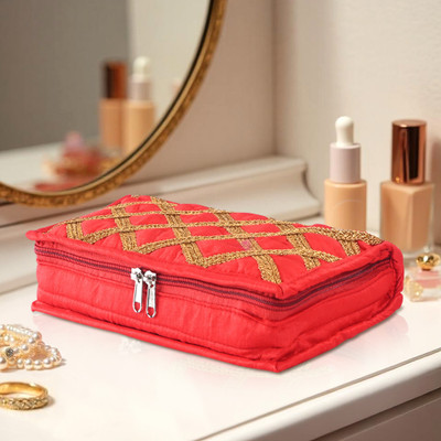 KUBER INDUSTRIES Jewellery Pouches with 4 Compartments & 1 Bangle Roll | Check Gota Lace - Red Makeup and Jewellery Vanity Box(Red)