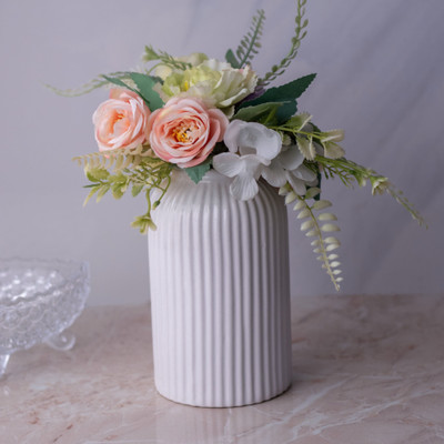 amshus 6 Inch White Ribbed Ceramic Vase | Glossy Finish | Elegant Modern Home Décor Ceramic Vase(6 inch, White, Beige)
