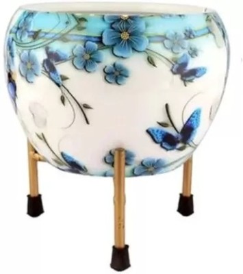 Amaze Shine Blue flower printed white flower pot for home decor Iron Vase(3.9 inch, Blue)