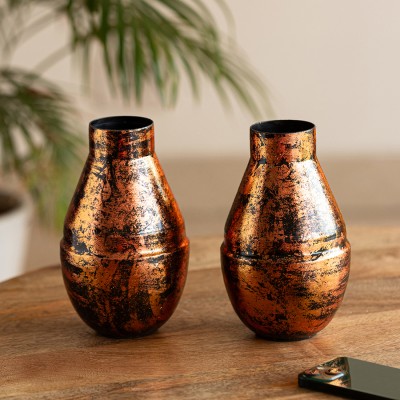 ExclusiveLane Copper Ore' Antique Hand-Painted Flower Pack of 2 Iron Vase(7.1 inch, Black, Copper)