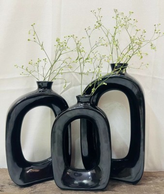 Squareit Ceramic Vase For Home Decor Set of 3 Ceramic Vase(11.5 inch, Black)