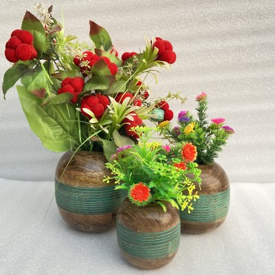 OnlineCraft mango wooden flower pot set of 3 pc big 6 ,medium 5 , small 4 inch height Wooden Vase(6 inch, Green, Brown)