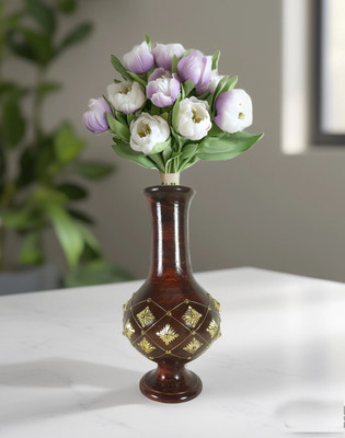 NEW ERA WOOD CARVING ART Classic Flower Pot Handcrafted 12-Inch Wooden Flower Vase Classy Planter Wooden Vase(12 inch, Brown)