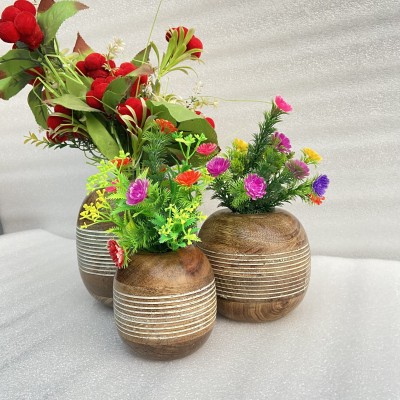 OnlineCraft mango wooden flower pot set of 3 pc big 6 ,medium 5 , small 4 inch height Wooden Vase(6 inch, White, Brown)