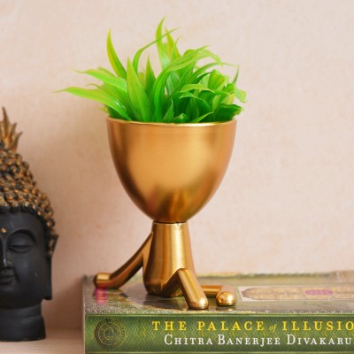 eCraftIndia Golden Humanoid Pot with Green Artificial Plant For Home And Office Decor Plastic Vase(15 inch, Multicolor)