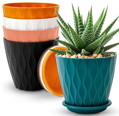 cassava Decorative Plastic Plant Pots with Tray - Pack of 5 Plant Container Set(Pack of 5, Plastic)