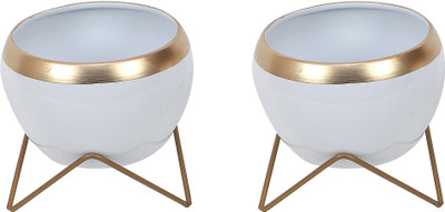 Amaya Decors Amaya Decors White & Gold Table Top Planter Set of 2 Iron Vase(5 inch, White)