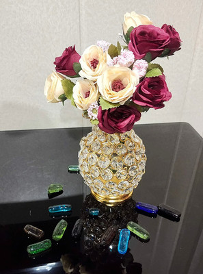 amishi blissful decor Decorative Metal Flower Vase Crystal Studded for Home Office Without Flower Crystal Vase(5.5 inch, Gold)
