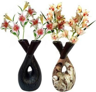 B S NATURAL Ceramic Vase(15 cm, Brown, Black)