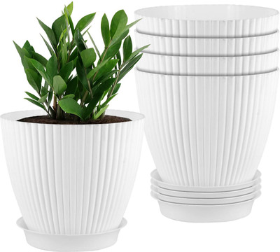 BELLERBIRD 6.5 inch Flower Pots Outdoor Indoor, Planters with Drainage Hole and Tray Saucer Plant Container Set(Pack of 5, Plastic)