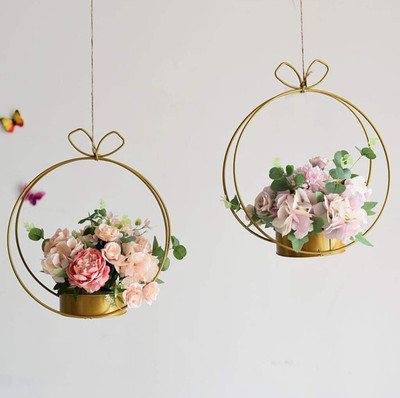 SMOCK STRECH Geometric Flower Vase (Pack of 2)Metal Wire Hanging And Table Iron Vase(12 inch, Gold)