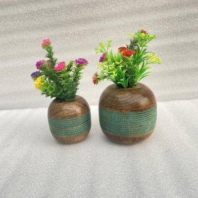 OnlineCraft mango wooden flower pot set of 3 pc big 6 ,medium 5 , small 4 inch height Wooden Vase(6 inch, Green, Brown)