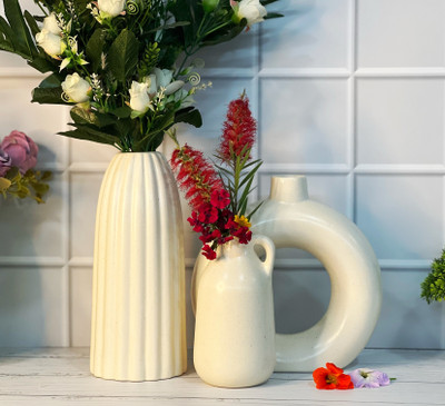 Praahi Lifestyle Vases for Home/office Decor Set of 3 (Ribbed, Donut, Milkjar) | Flower pots gift Ceramic Vase(11 inch, White)