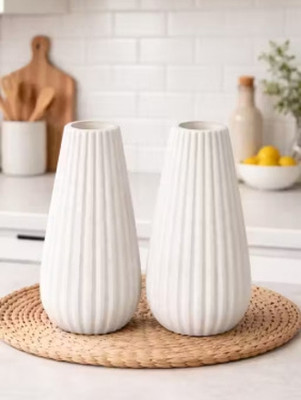D2N Artificial white vase set of 2 for home decor Plastic Vase(7 inch, White)