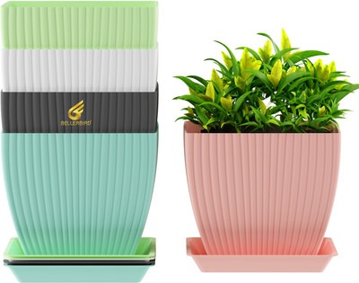 BELLERBIRD Square 5 Pack Flower Pots Outdoor Indoor Planters with Drainage Hole and Tray Plastic Vase(7 inch, Grey, Pink, Green, Blue, White)