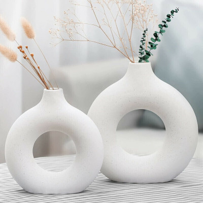 FARKRAFT Donut,6 + 8 Inch Combo, Decor Items for Living Room, Pack of 2 Ceramic Vase(8.5 inch, White)