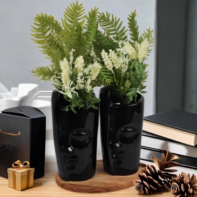 kaolinite Handcrafted Face Flower vase Home Decor | Centerpieces | Living Room Ceramic Vase(10 inch, Black)