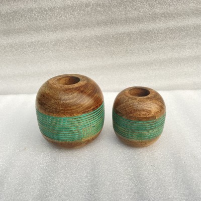 KHUSUBHDECORE mango wooden flower pot set of 3 pc big 6 ,medium 5 , small 4 inch height Wooden Vase(6 inch, Green, Brown)