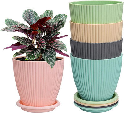 Dipzon villa 5 pcs New Design Round Flower Multi Colour Pot Plastic Vase(6 inch, Multicolor)
