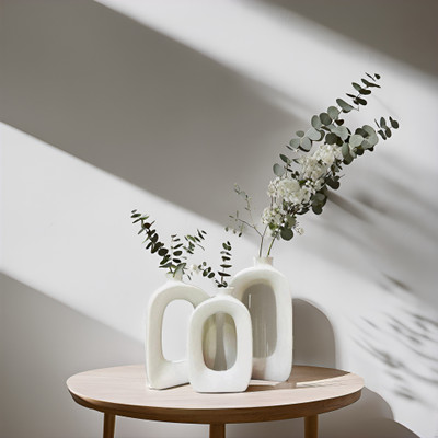 Kraftlik Handicrafts Ceramic Oval Vase with Hole in Middle and Narrow Neck Flower Vase( Set of 3) Ceramic Vase(2 inch, White)