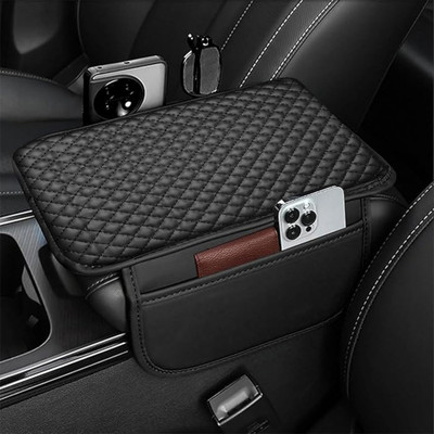 Egab PU Leather Car Armrest Cushion Pad With Side Pockets (Black) Car Armrest(Universal For Car, Universal For Car)
