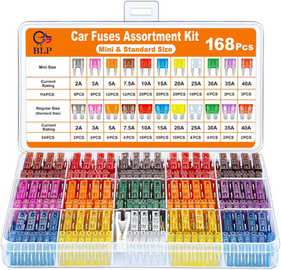 BLP 160Pcs Car Fuse Kit - 114 Mini + 64 Standard Blade Fuses + 2 Pullers Car Fuse Box