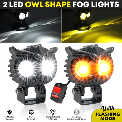 BRXR 2 Led OWL Shape Fog Light LED High & Low Beam With On/Off Switch | Flashing Mode Fog Lamp Motorbike, Car LED (20 V, 20 W)(Universal For Bike, Pack of 3)