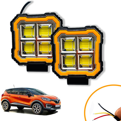 AUTO PEARL Square 4-Led DRL Motorcycle Off-Road Vehicle Light Auxiliary White & Yellow K78 Fog Lamp Car, Van, Truck LED for Renault (12 V, 24 W)(Captur, Pack of 2)