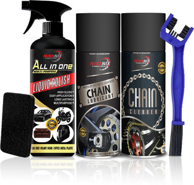 MIKANIX Combo Of Chain Cleaner + Chain Lubricant + All In One Polish With Cleaning Brush | Cleans | Shines & Protects Chain Oil(1500 ml, Pack of 4)