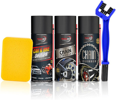 MIKANIX Combo Of Chain Cleaner + Chain Lube + Car & Bike Shiner Spray Cleaning Brush | Cleans | Shines & Protects Chain Oil(450 ml, Pack of 4)