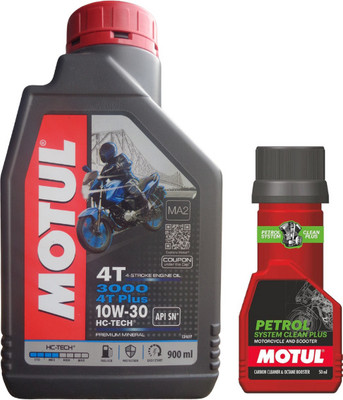 MOTUL 3000 4T PLUS 10W30 ENGINE OIL - 900ML WITH PETROL SYSTEM CLEAN 50ML COMBO 10W30 Full-Synthetic Engine Oil(900 ml, Pack of 1)