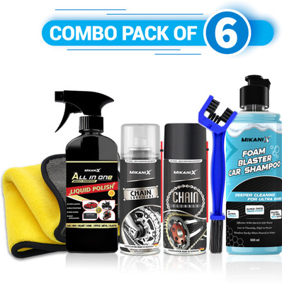MIKANIX Bike Chain Lubricant + Chain Cleaner + Car & Bike Polish + Chain Cleaning Brush + Microfiber Cloth Combo | Complete Cleaning & Maintenance Kit for Bikes & Cars Chain Oil(1050 ml, Pack of 5)