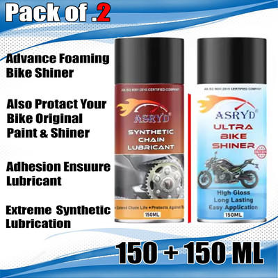 ASRYD Chain Lubricant Synthetic+Bike Shiner Motorcycle Chain Lube150ml+Bike Shiner150ml Premium Quality Chain Oil(300 ml, Pack of 2) ASRYD Chain Lubricant Synthetic+Bike Shiner Motorcycle Chain Lube150ml+Bike Shiner150ml Premium Quality Chain Oil(300 ml, Pack of 2)
