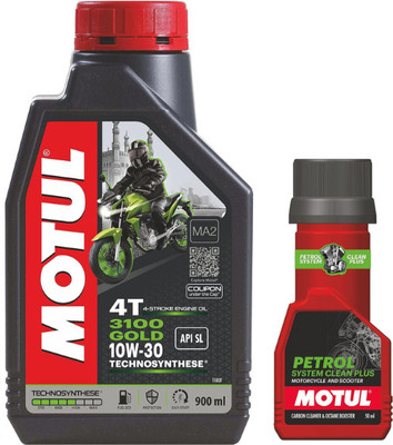 MOTUL 3100 4T GOLD 10W30 ENGINE OIL - 900ML WITH PETROL SYSTEM CLEAN 50ML COMBO 10W30 Full-Synthetic Engine Oil(900 ml, Pack of 2)