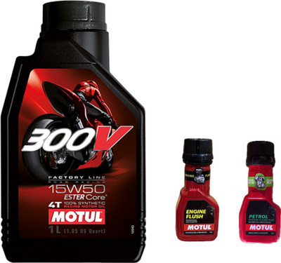 MOTUL 300V 4T 15W-50(1liter)+Engine flush(50ml)+Petrol system clean(50ml)combo Full-Synthetic Engine Oil(1 L, Pack of 3)